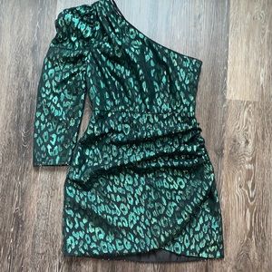 DO+BE size small emerald green leopard print one shoulder dress